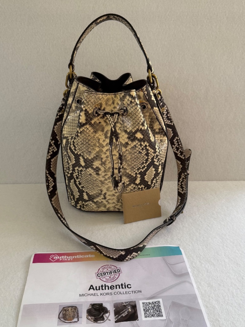 NWT Michael Kors Collection Natural Snakeskin Embossed Leather Bucket Bag W/ COA